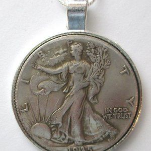 24"sterling silver necklace with coin/pendant Walking Liberty Half Dollar